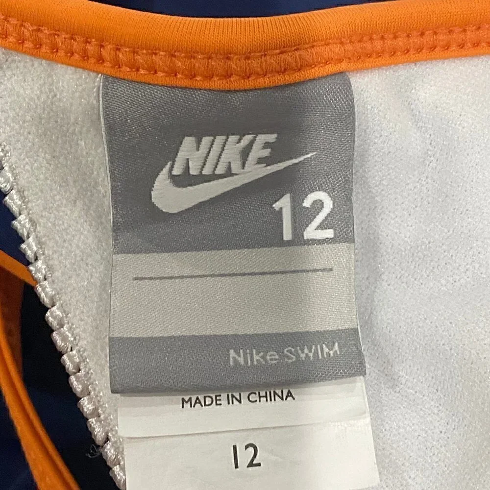 Nike Women Swimsuit Navy Orange Thin Straps Removable Pads Back Hook Stretch 12